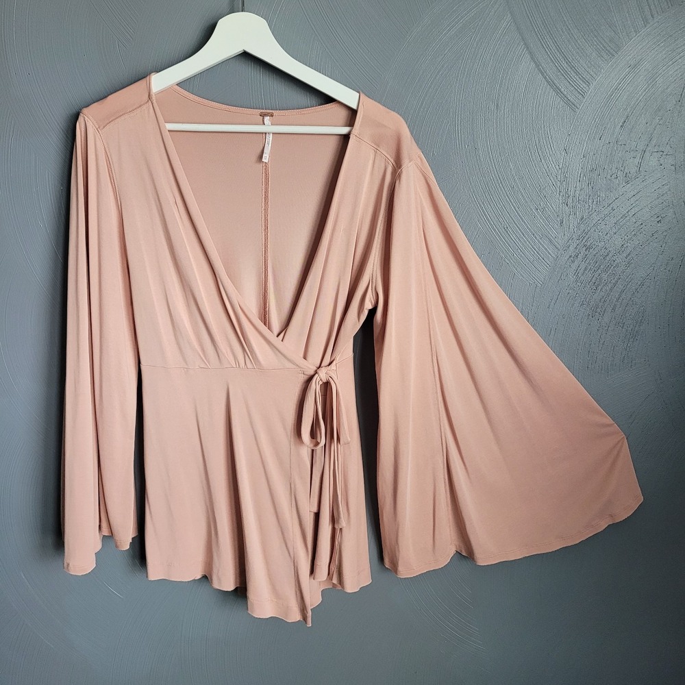 FREE PEOPLE Top Size XS Dusty Rose Dynasty Wrap Long Bell Sleeve V-Neck